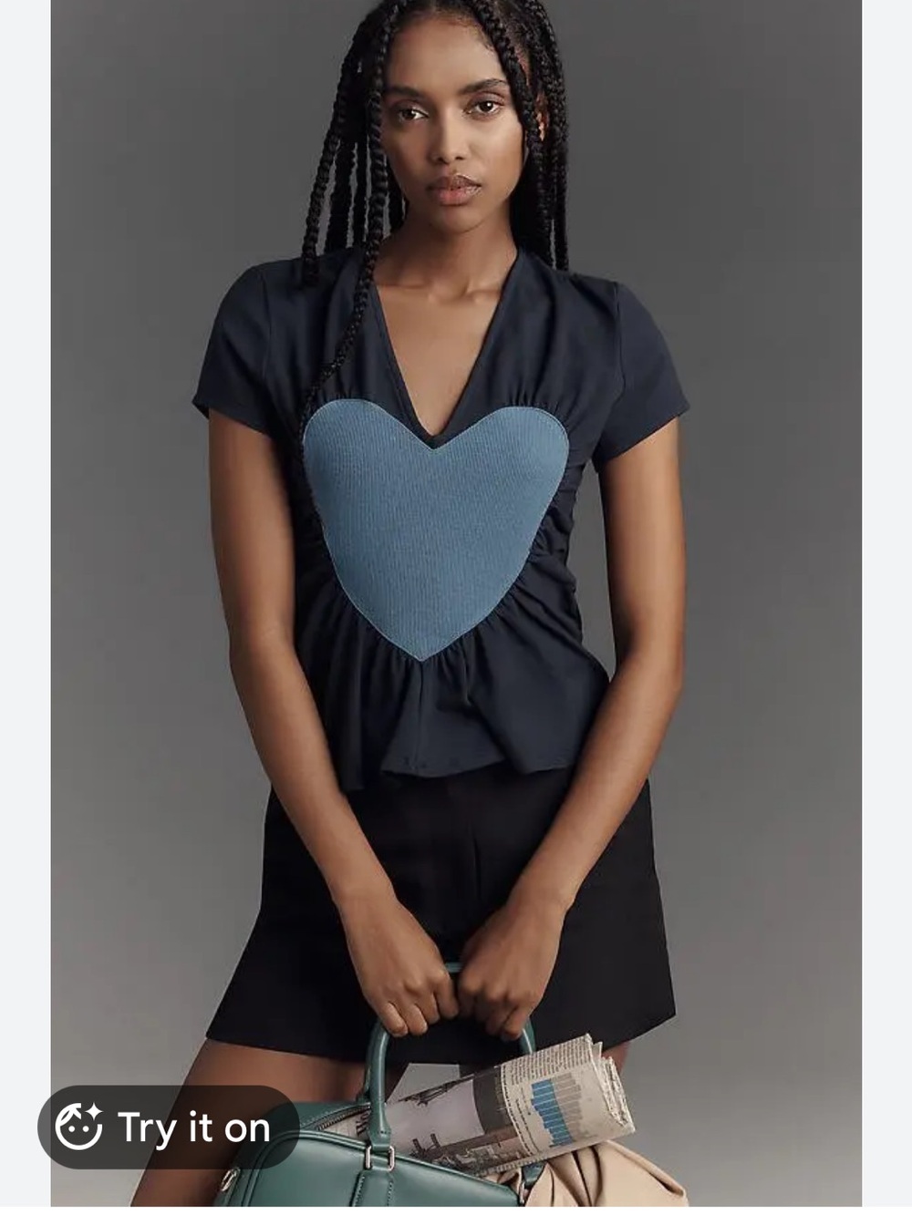 Maeve Navy V-Neck Top with Light Blue Heart Applique